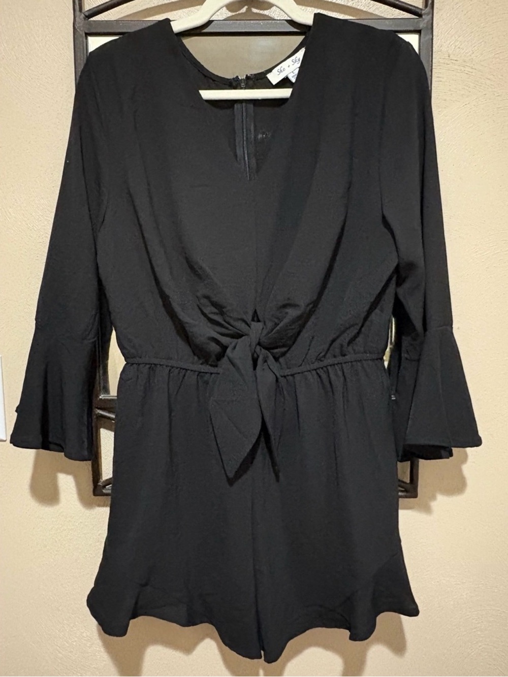 She + Sky Black Tie-Front Romper with Bell Sleeves Size L